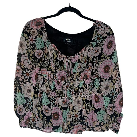 Anthropologie Maeve Smocked Floral Blouse Peplum Babydoll Top Purple Black XS - Picture 2 of 7